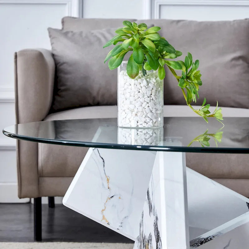 Mesa de centro redonda de 84,8 cm — Gris / Transparente / Blanco, Vidrio templado y MDF, Capacidad para 1