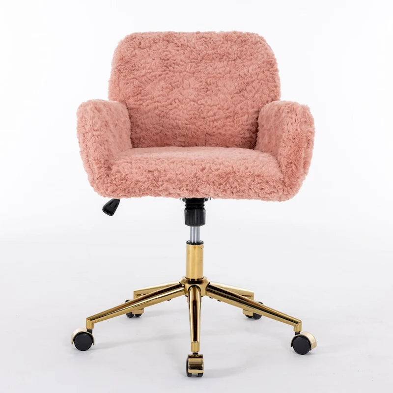 Sillón de oficina tapizado rosa con base metálica dorada, individual