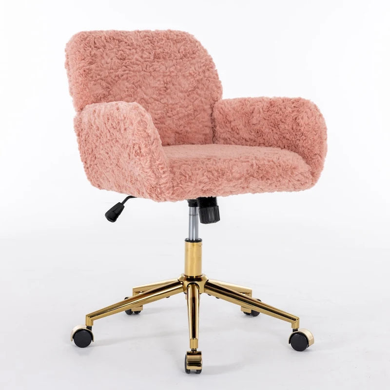 Sillón de oficina tapizado rosa con base metálica dorada, individual