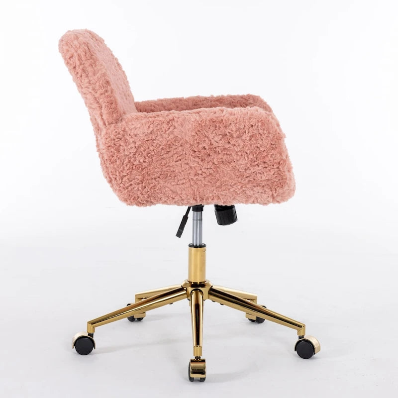 Sillón de oficina tapizado rosa con base metálica dorada, individual