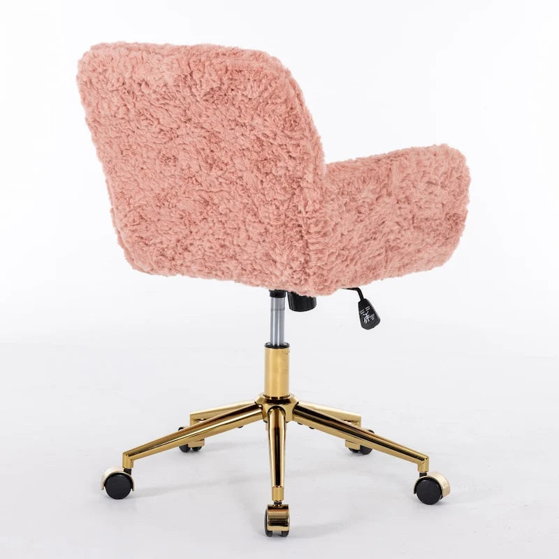 Sillón de oficina tapizado rosa con base metálica dorada, individual