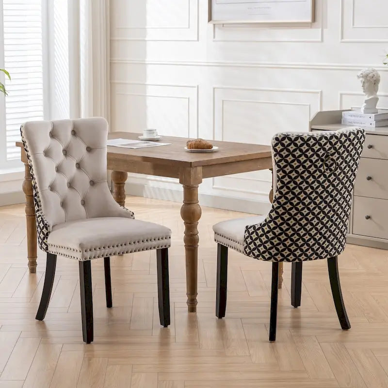 Silla de comedor de terciopelo negra/beige, juego de 2, capacidad para 2 personas
