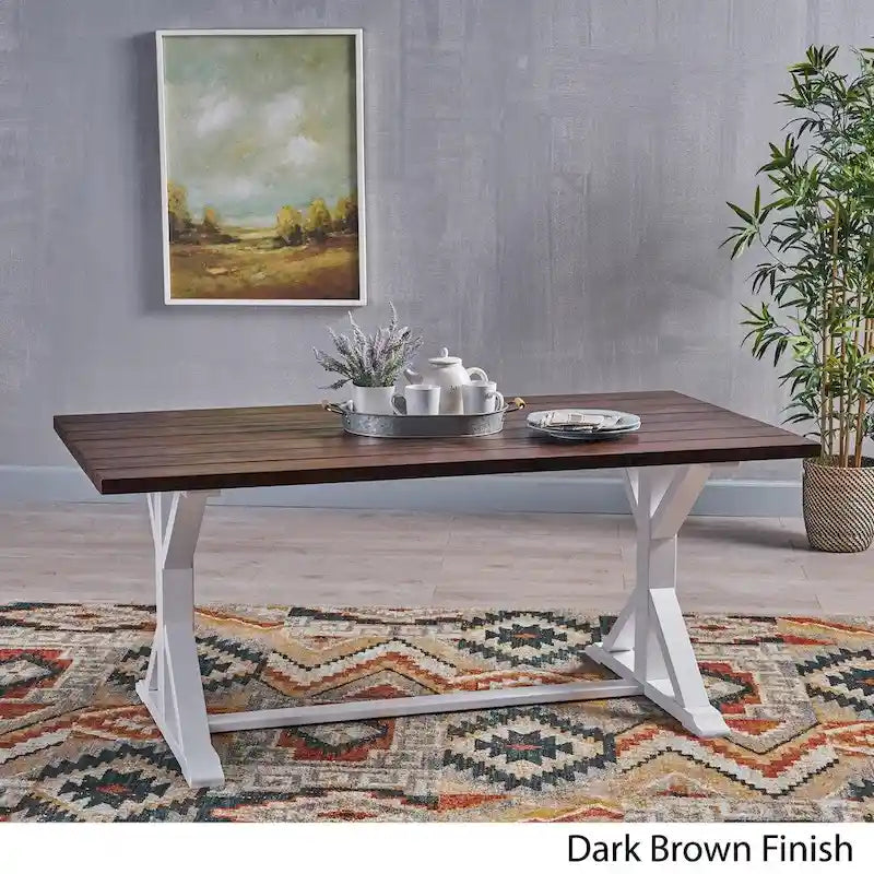 Mesa de comedor de caballete estilo rústico en marrón oscuro y blanco, con capacidad para 6 personas