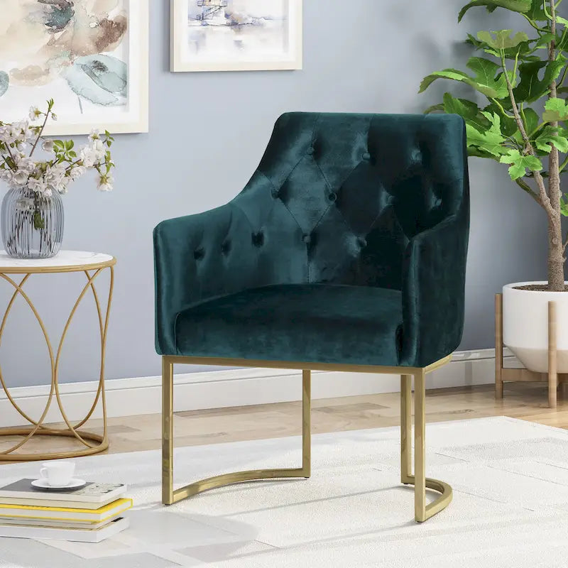 Sillón decorativo de terciopelo con botones y patas doradas, asiento individual — Esmeralda / Turquesa / Negro