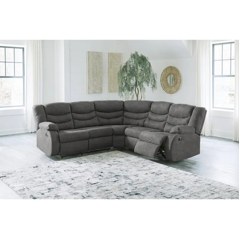 Seccional reclinable de piel sintética gris/marrón, 2 asientos, con tirador