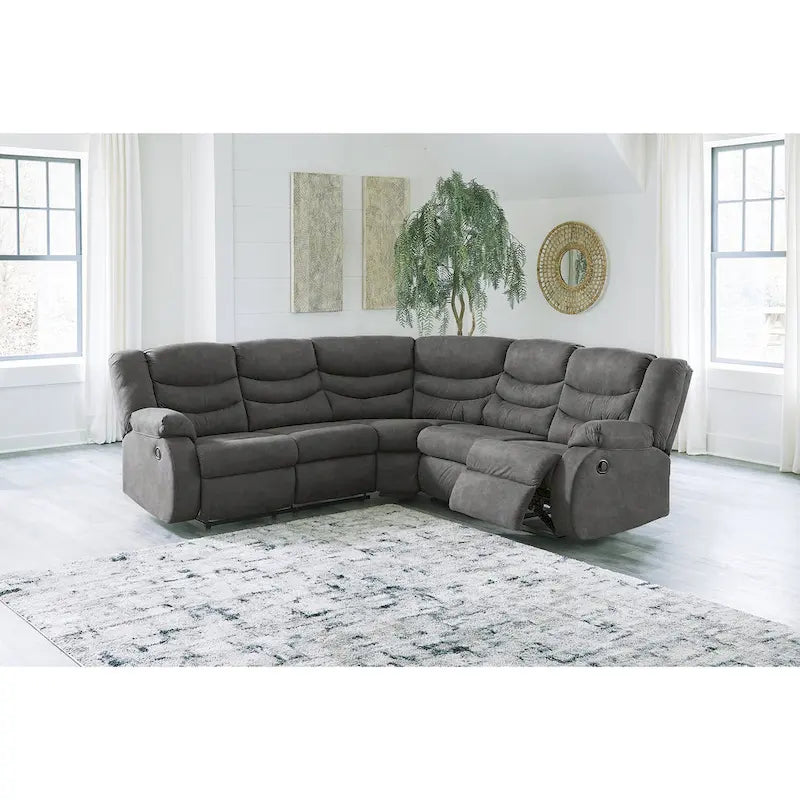Seccional reclinable de piel sintética gris/marrón, 2 asientos, con tirador