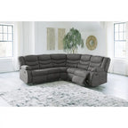 Seccional reclinable de piel sintética gris/marrón, 2 asientos, con tirador