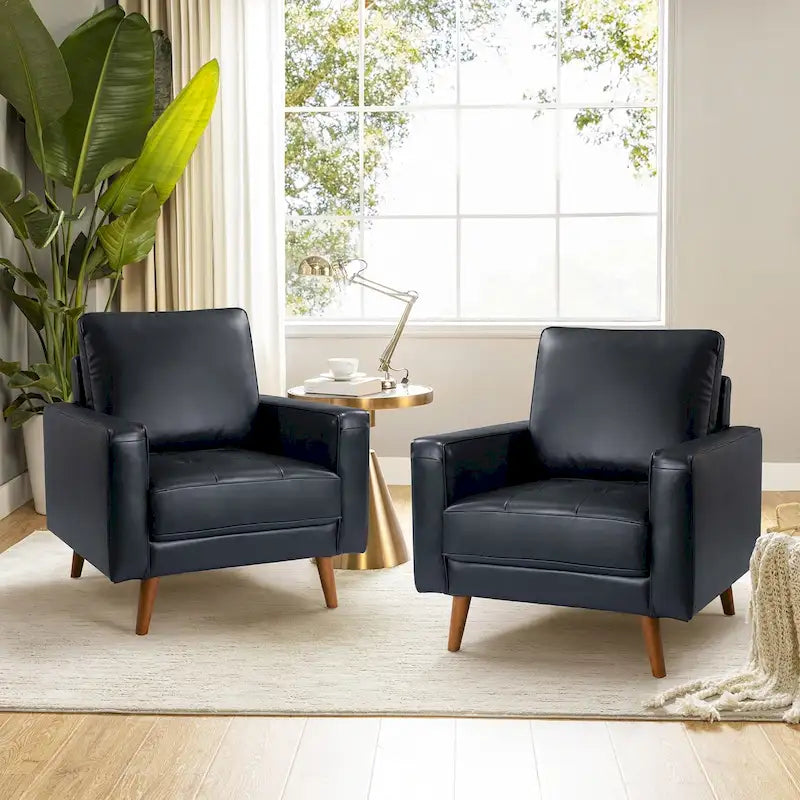 Sillón decorativo de cuero auténtico de mediados de siglo, juego de 2 unidades — Negro / Azul marino / Marrón / Camel / Burdeos / Beige