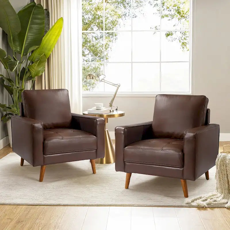 Sillón decorativo de cuero auténtico de mediados de siglo, juego de 2 unidades — Negro / Azul marino / Marrón / Camel / Burdeos / Beige