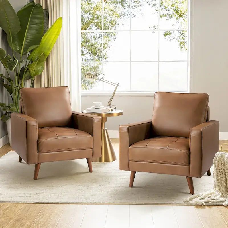 Sillón decorativo de cuero auténtico de mediados de siglo, juego de 2 unidades — Negro / Azul marino / Marrón / Camel / Burdeos / Beige