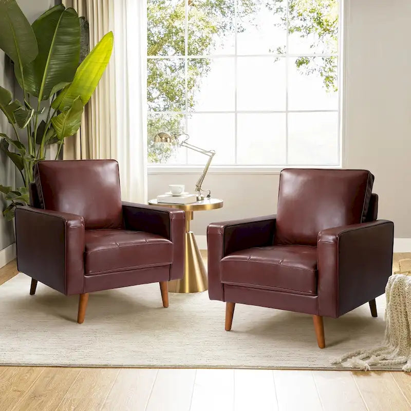 Sillón decorativo de cuero auténtico de mediados de siglo, juego de 2 unidades — Negro / Azul marino / Marrón / Camel / Burdeos / Beige