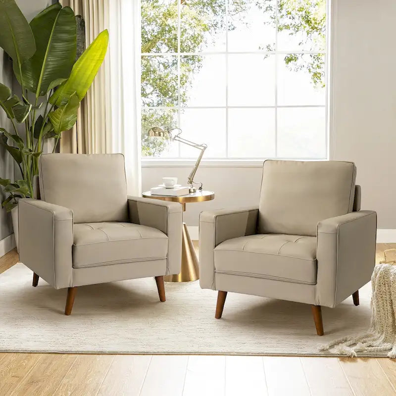 Sillón decorativo de cuero auténtico de mediados de siglo, juego de 2 unidades — Negro / Azul marino / Marrón / Camel / Burdeos / Beige