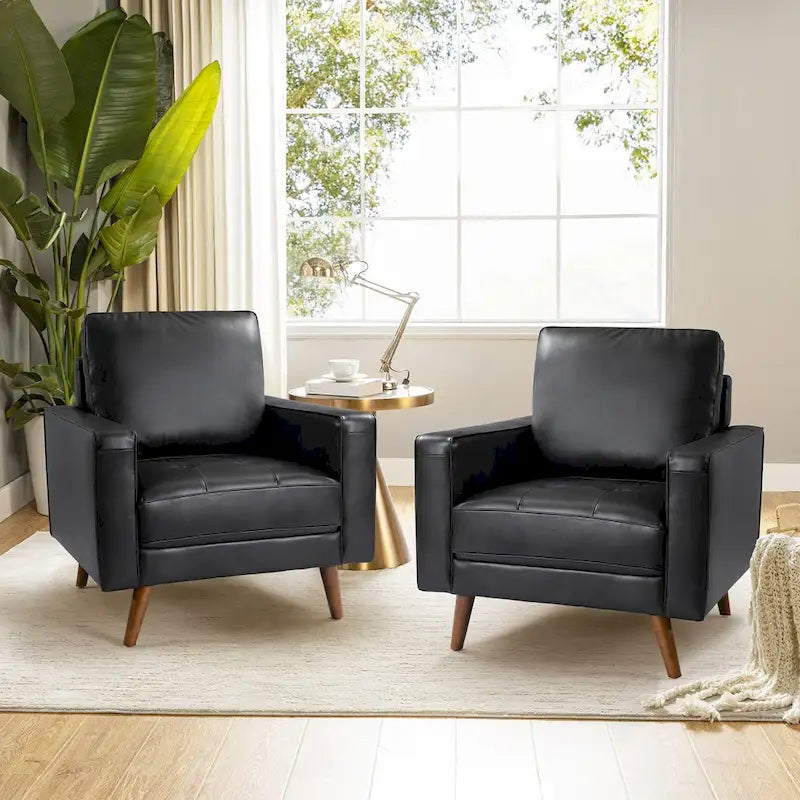 Sillón decorativo de cuero auténtico de mediados de siglo, juego de 2 unidades — Negro / Azul marino / Marrón / Camel / Burdeos / Beige