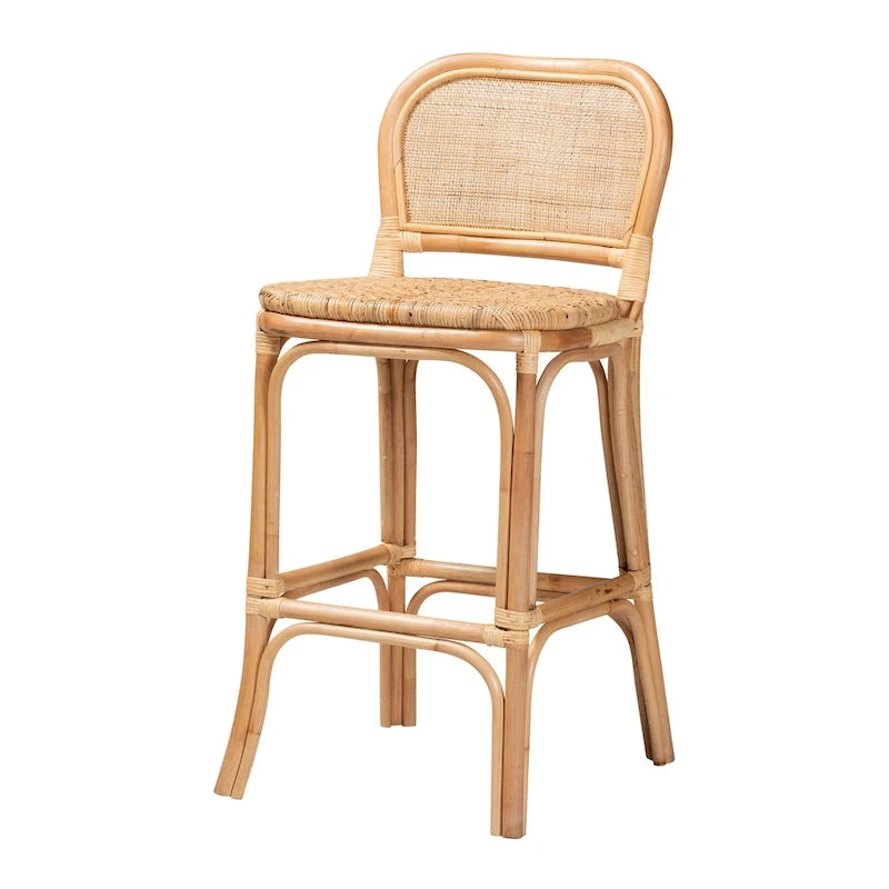 Taburete de bar de ratán natural marrón — Estilo bohemio, altura de barra/mostrador, capacidad para 1 persona