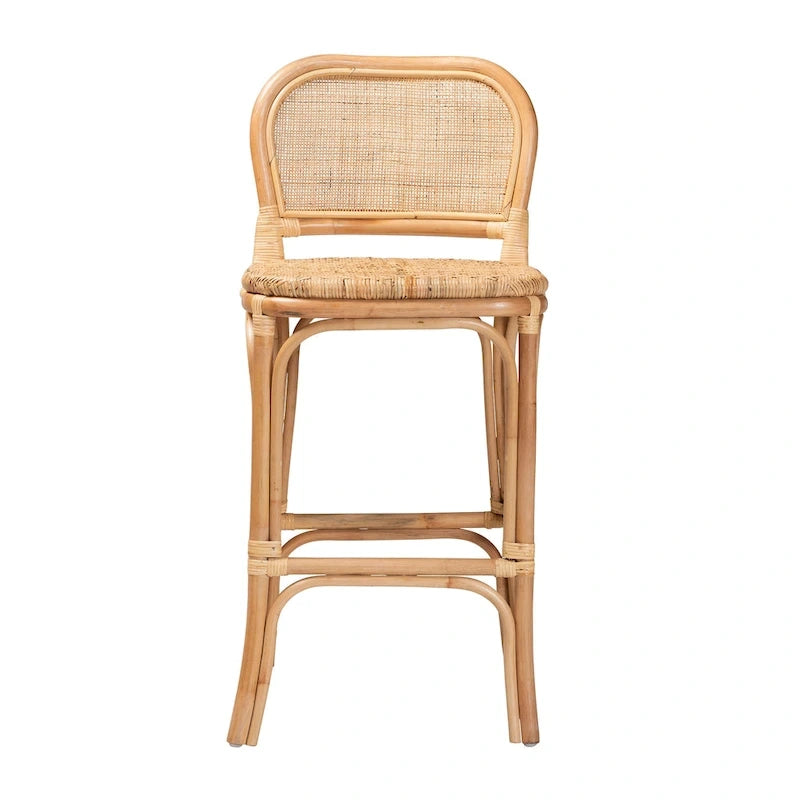 Taburete de bar de ratán natural marrón — Estilo bohemio, altura de barra/mostrador, capacidad para 1 persona