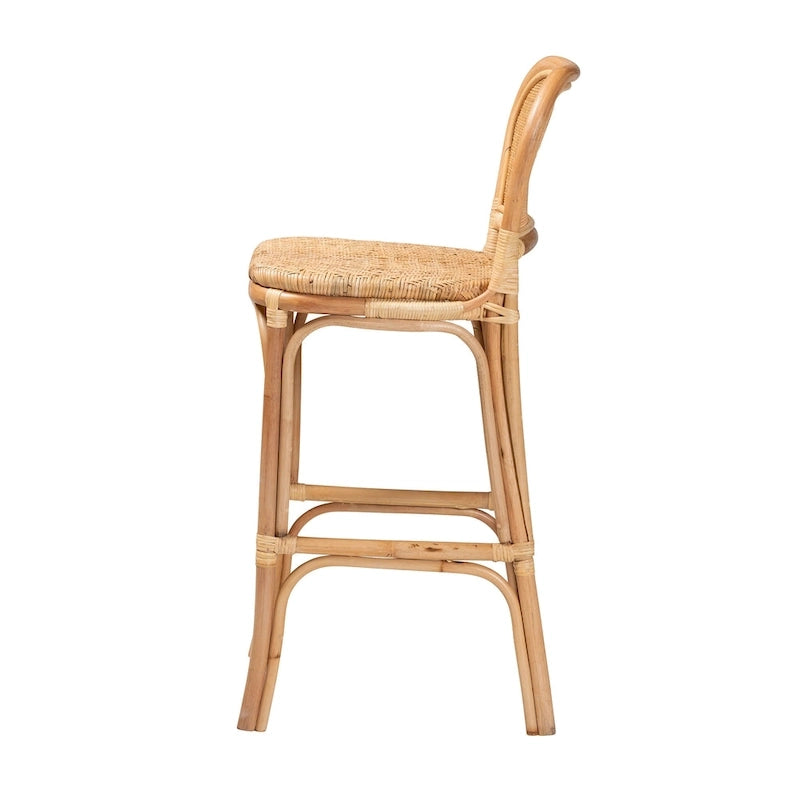 Taburete de bar de ratán natural marrón — Estilo bohemio, altura de barra/mostrador, capacidad para 1 persona