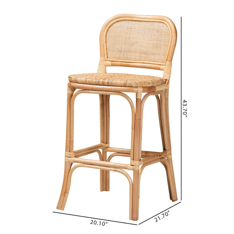 Taburete de bar de ratán natural marrón — Estilo bohemio, altura de barra/mostrador, capacidad para 1 persona