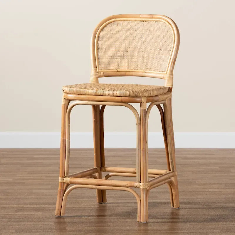 Taburete de bar de ratán natural marrón — Estilo bohemio, altura de barra/mostrador, capacidad para 1 persona