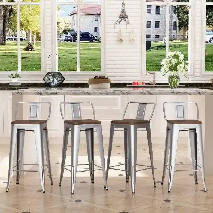 Taburete de barra de metal plateado, asiento de madera envejecida, juego de 4, altura de mostrador