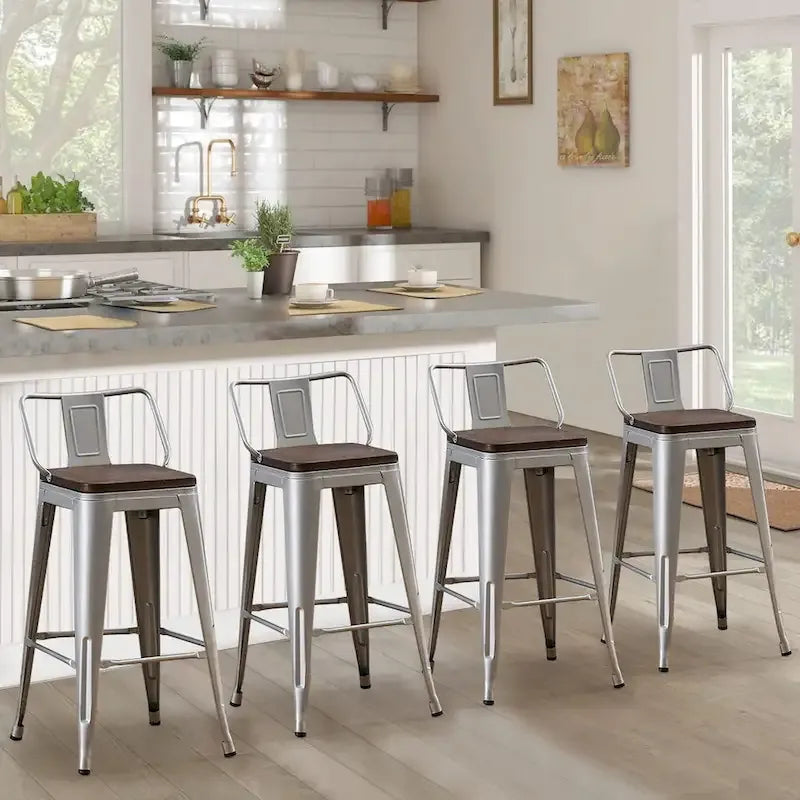 Taburete de barra de metal plateado, asiento de madera envejecida, juego de 4, altura de mostrador