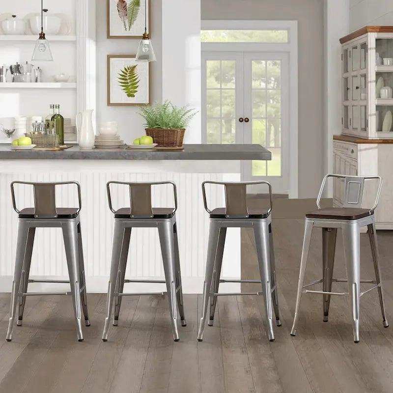 Taburete de barra de metal plateado, asiento de madera envejecida, juego de 4, altura de mostrador