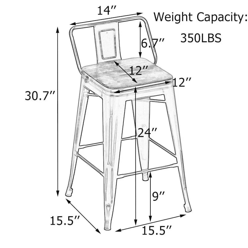 Taburete de barra de metal plateado, asiento de madera envejecida, juego de 4, altura de mostrador