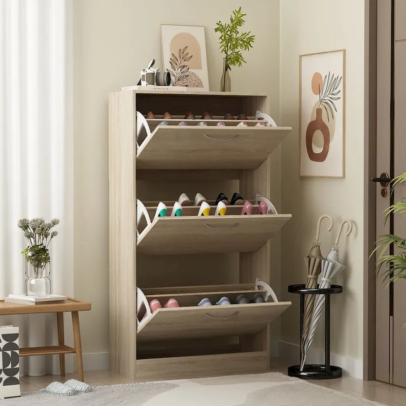 Zapatero con tapa abatible gris/roble, 2 y 3 cajones, capacidad para hasta 14 pares