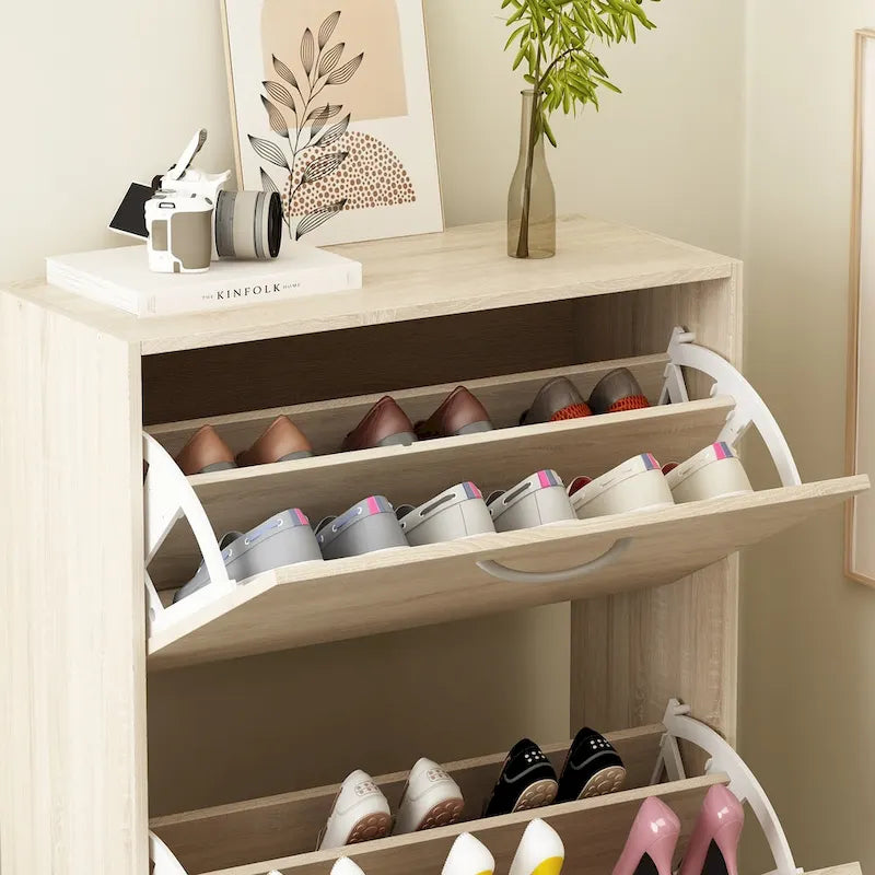 Zapatero con tapa abatible gris/roble, 2 y 3 cajones, capacidad para hasta 14 pares