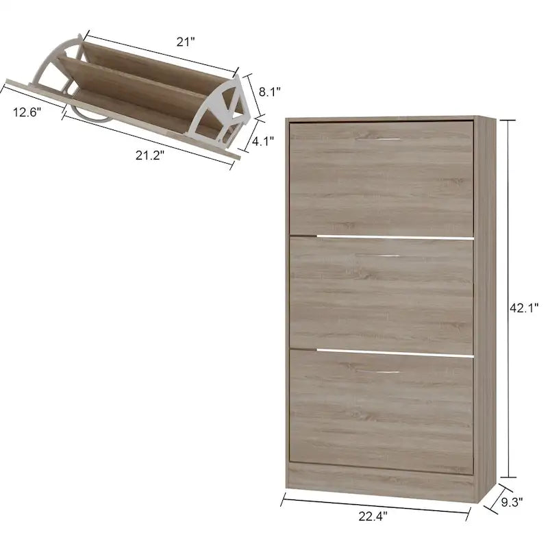 Zapatero con tapa abatible gris/roble, 2 y 3 cajones, capacidad para hasta 14 pares