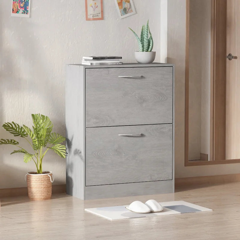 Zapatero con tapa abatible gris/roble, 2 y 3 cajones, capacidad para hasta 14 pares