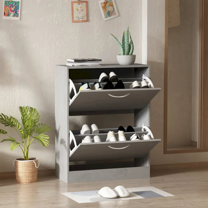 Zapatero con tapa abatible gris/roble, 2 y 3 cajones, capacidad para hasta 14 pares