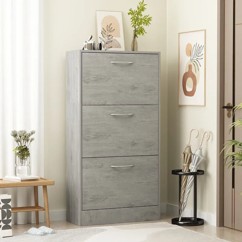 Zapatero con tapa abatible gris/roble, 2 y 3 cajones, capacidad para hasta 14 pares