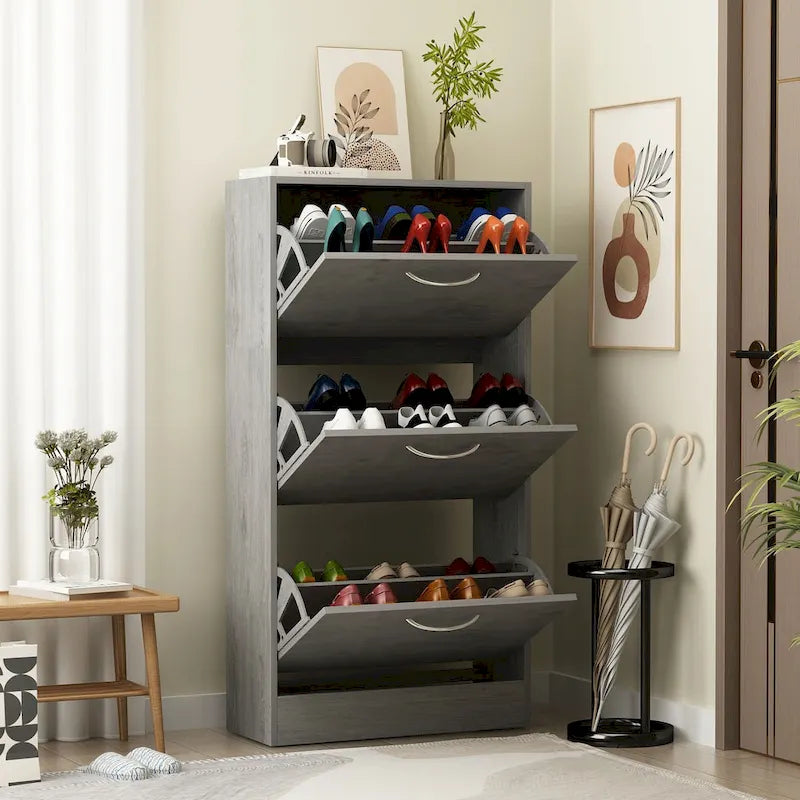 Zapatero con tapa abatible gris/roble, 2 y 3 cajones, capacidad para hasta 14 pares