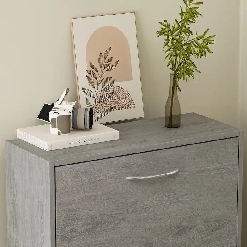 Zapatero con tapa abatible gris/roble, 2 y 3 cajones, capacidad para hasta 14 pares