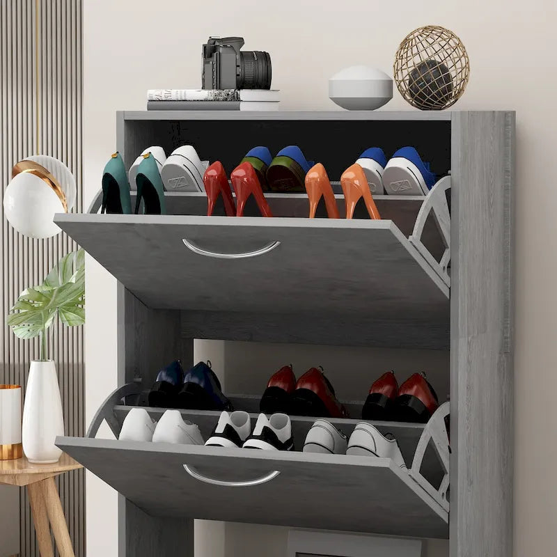 Zapatero con tapa abatible gris/roble, 2 y 3 cajones, capacidad para hasta 14 pares