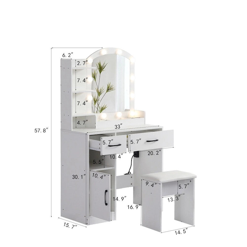 Tocador Blanco con Espejo Iluminado, 2/3 Cajones – 1 Persona