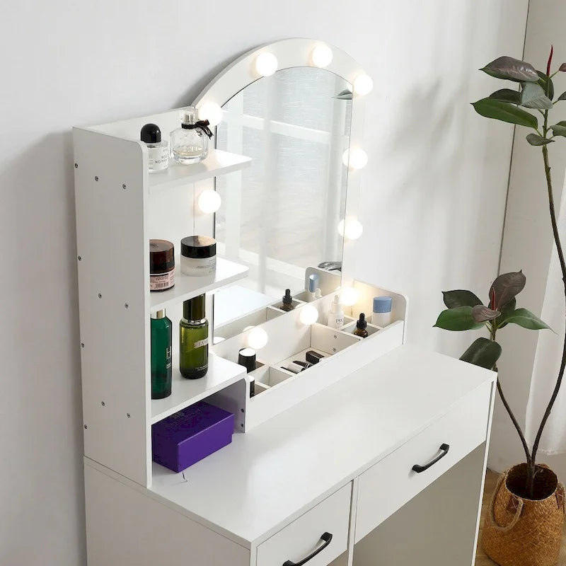 Tocador Blanco con Espejo Iluminado, 2/3 Cajones – 1 Persona