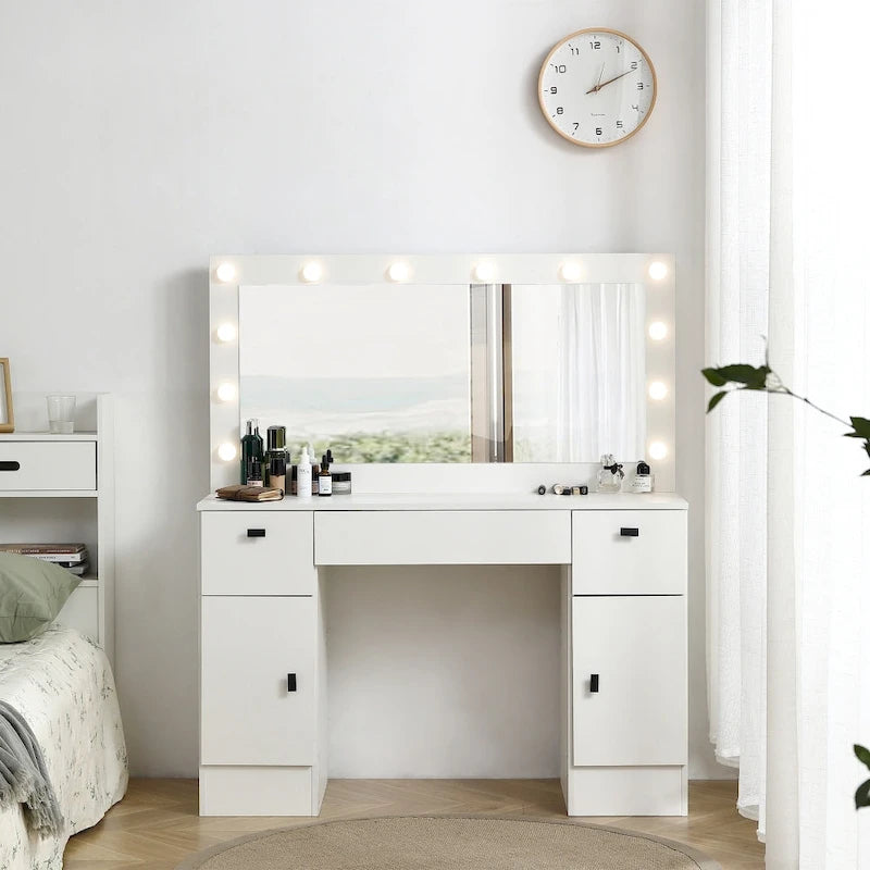 Tocador Blanco con Espejo Iluminado, 2/3 Cajones – 1 Persona