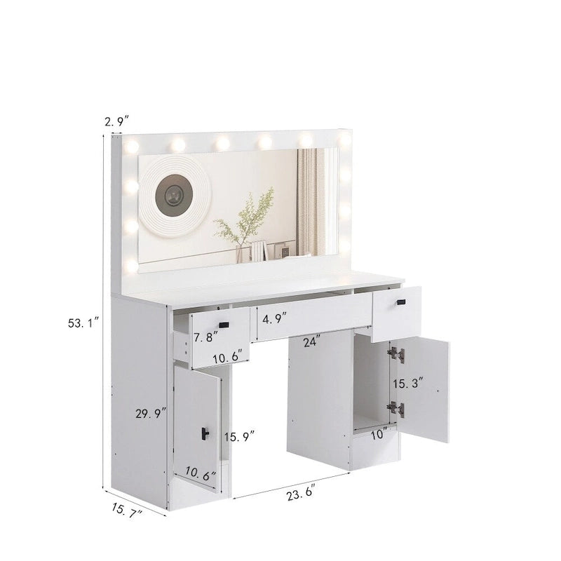 Tocador Blanco con Espejo Iluminado, 2/3 Cajones – 1 Persona