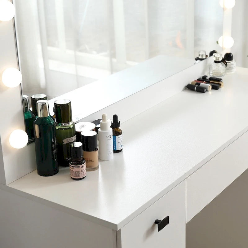 Tocador Blanco con Espejo Iluminado, 2/3 Cajones – 1 Persona