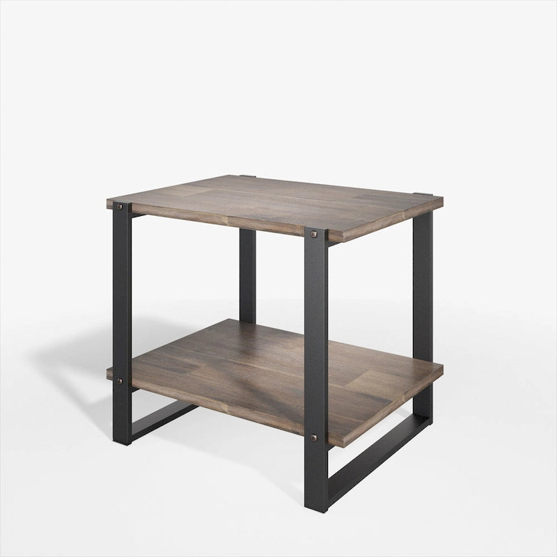 Mesa auxiliar de madera de acacia marrón industrial de 2 niveles