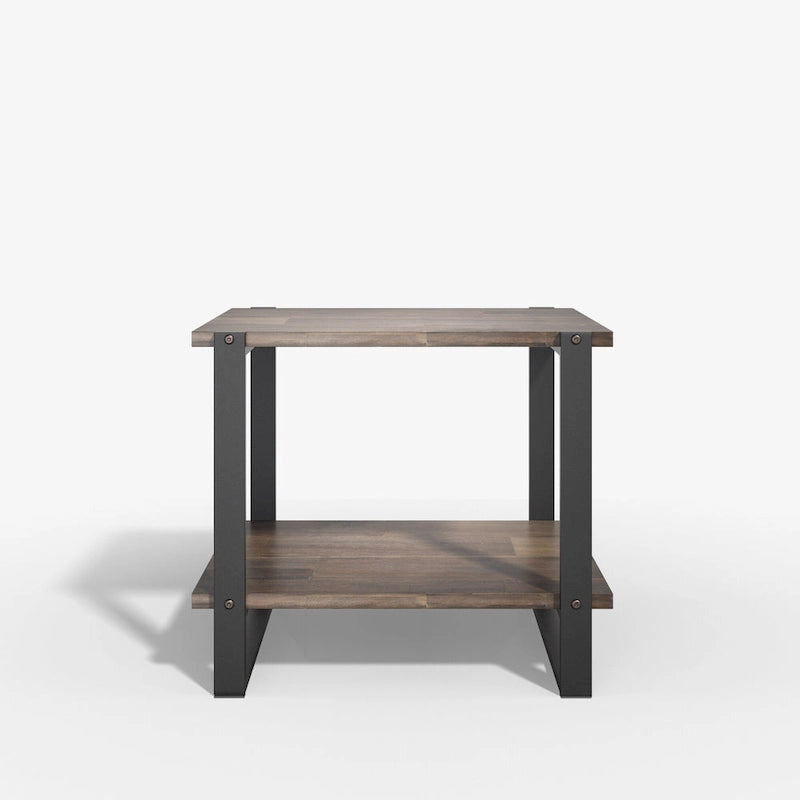 Mesa auxiliar de madera de acacia marrón industrial de 2 niveles