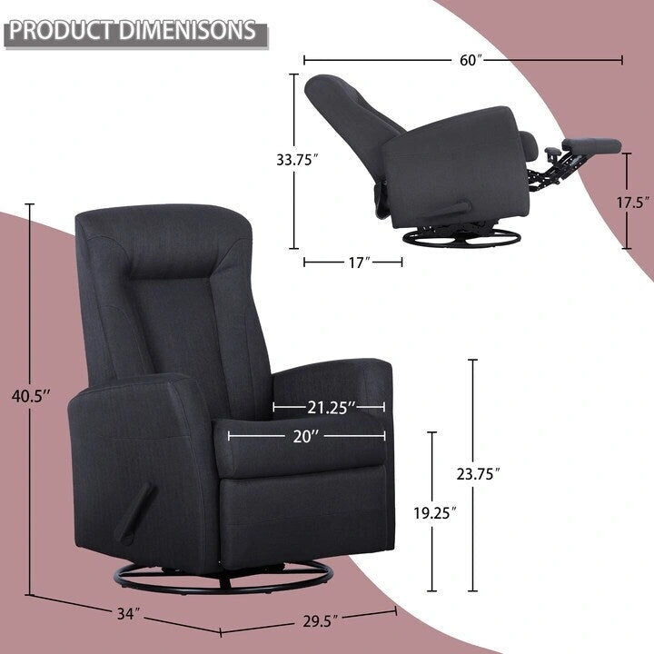 Sillón Reclinable Giratorio Planeador Manual de Tela Gris Oscuro - Asiento Individual