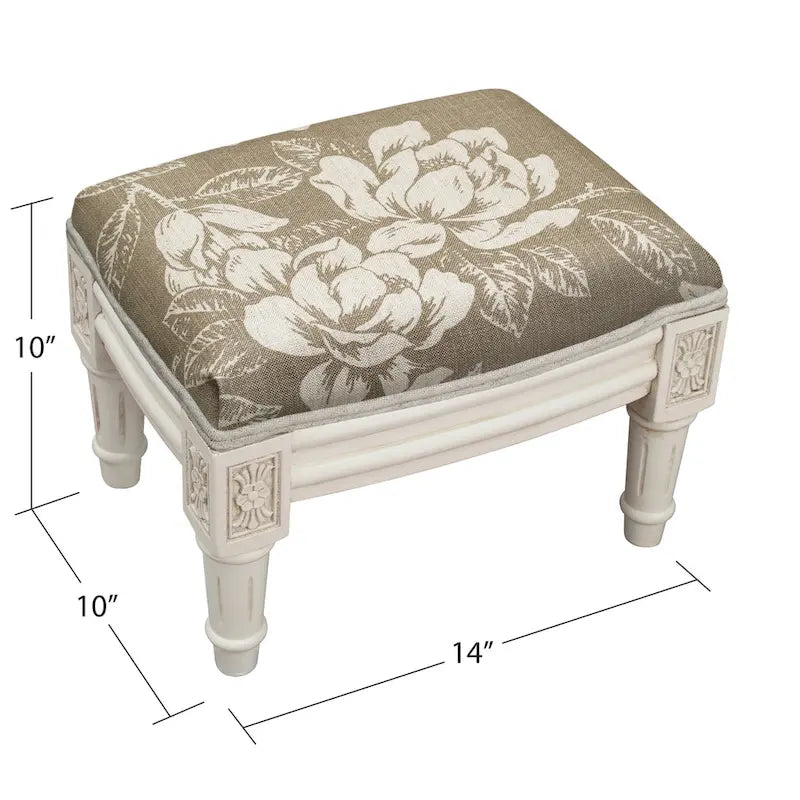 Taburete tapizado floral color topo, asiento individual — Marco blanco antiguo