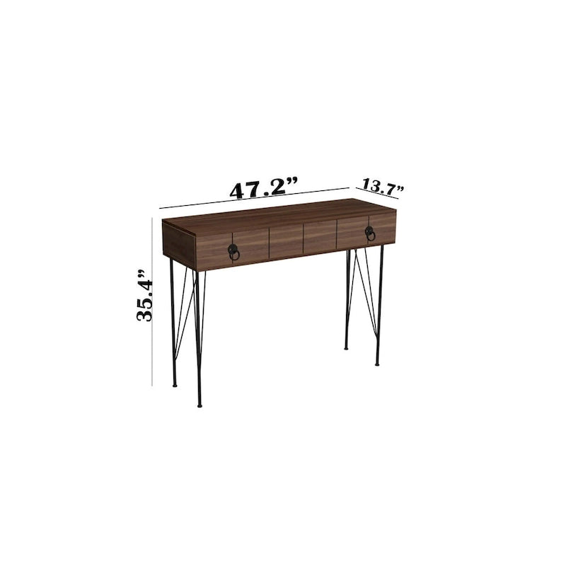 Mesa consola con patas metálicas de nogal, uso individual