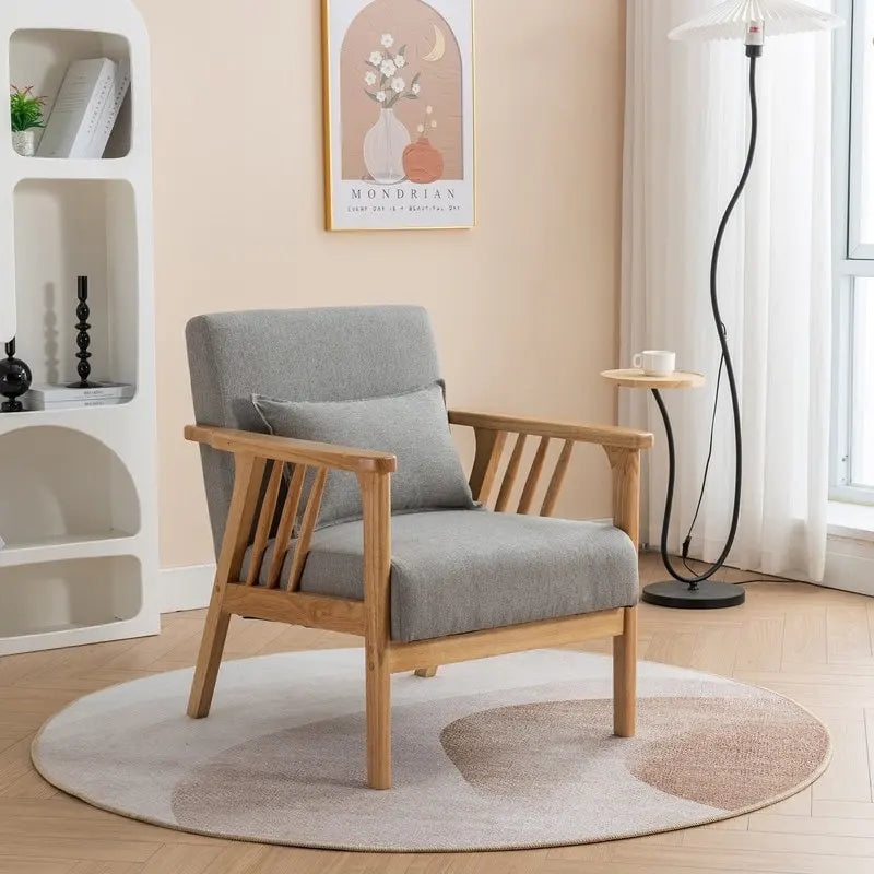 Sillón de Acento Bouclé Gris / Beige / Naranja con Almohada, Asiento Individual, Patas de Madera Maciza
