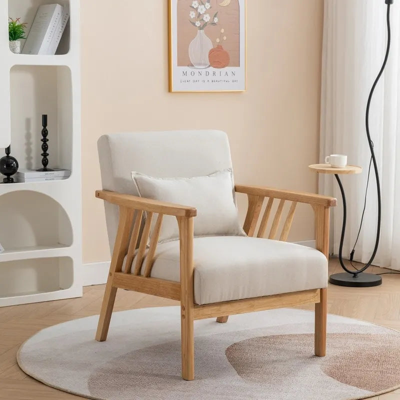 Sillón de Acento Bouclé Gris / Beige / Naranja con Almohada, Asiento Individual, Patas de Madera Maciza