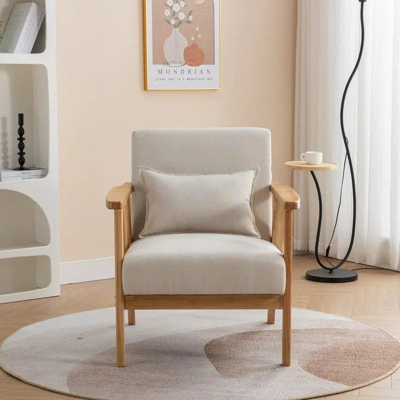 Sillón de Acento Bouclé Gris / Beige / Naranja con Almohada, Asiento Individual, Patas de Madera Maciza