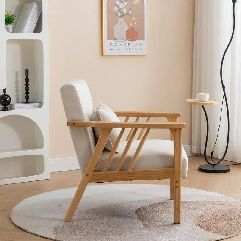 Sillón de Acento Bouclé Gris / Beige / Naranja con Almohada, Asiento Individual, Patas de Madera Maciza