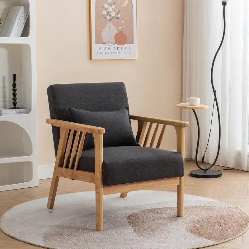 Sillón de Acento Bouclé Gris / Beige / Naranja con Almohada, Asiento Individual, Patas de Madera Maciza